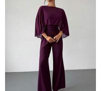 Shein Mono elegante de mujer para ir al trabajo, color liso, con capa y cintura ceñida, suelto, de punto morado-rojo, tela de alta elasticidad y patchwork d