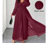 Shein Mono elegante de pierna ancha con cuello en V, volantes en la cintura y perlas de gasa, adecuado para invitados de boda, mono elegante burdeos para da