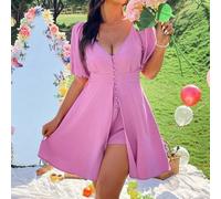 Shein Mono elegante de primavera y verano para talla grande con diseño de botones, abertura delantera y cuello en V de manga corta en color lavanda
