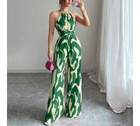 Shein Mono elegante de tela estampada con silueta que ciñe la cintura y escote halter, ideal para vacaciones y uso diario