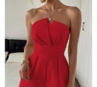 Shein Mono elegante de unicolor para mujer, adecuado para compras diarias, té de la tarde, fiestas ligeras, atuendo navideño de verano rojo
