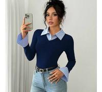 Shein Mono elegante para ir al trabajo, con cuello de empalme AB, puños acampanados, manga larga, medio abotonado, a rayas, multicolor, para mujer, otoño/in