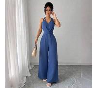 Shein Mono elegante para mujer de primavera/verano en color azul con cuello en V, decoración de hebilla con círculo pequeño, diseño de lazo, sin mangas, aju