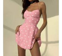Shein Mono elegante y dulce con estampado de corazones, diseño sexy de espalda descubierta con tirantes cruzados, dobladillo en capas que ciñe la cintura