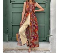 Shein Mono estampado elegante de resort para mujer con diseño de abertura, cuello redondo, largo hasta el tobillo