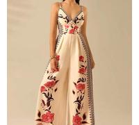 Shein Mono holgado sin mangas con estampado floral tropical bohemio para vacaciones, casual de verano y playa, color albaricoque