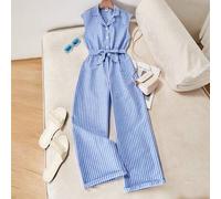 Shein Mono informal de manga corta a rayas con cuello de camisa para niñas preadolescentes, pierna suelta, adecuado para primavera/verano