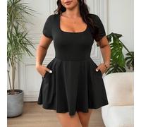 Shein Mono informal de verano para mujer talla grande con cuello de círculo, manga corta, silueta evasé, dobladillo con volantes y bolsillos. Versátil para