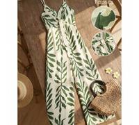 Shein Mono informal sin mangas para mujer con estampado de hojas, estilo tropical adecuado para viajes y vacaciones de /verano