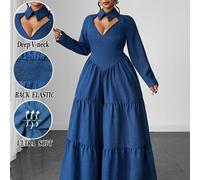 Shein Mono largo azul de talla grande para mujer, diseño versátil para fiesta, reunión y cita nocturna, manga larga, tela tipo denim casual, diseño de pecho