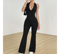 Shein Mono largo con cuello en V profundo, espalda descubierta y correa halter, elástico y suave que estiliza la figura, cómodo y sexy para uso casual en pr