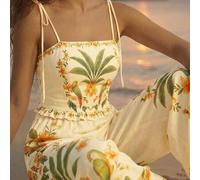 Shein Mono largo de mujer casual de vacaciones con estampado tropical de loro y flores, con tirantes de espagueti, hombros descubiertos, sin mangas y lazo,