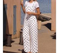 Shein Mono largo de pierna recta con cuello cuadrado, botones delanteros y estampado de lunares en crema y negro, estilo vintage juguetón del sur de Europa,