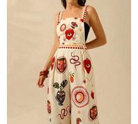 Shein Mono largo de verano casual para vacaciones en la playa con bolsillos grandes, estampados de leopardo tropical, caparazón de tortuga de bambú, ojo del