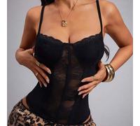 Shein Mono negro de mujer para primavera/verano, elegante y de estilo sexy bombshell, cómodo mono negro de encaje con parches, tirantes finos y espalda desc