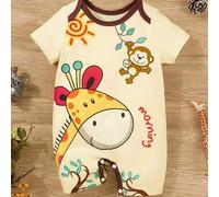 Shein Mono para recién nacida con estampado de jirafa de dibujos animados, cuello Peter Pan, atuendo de verano