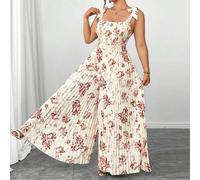 Shein Mono plisado estampado rojo y blanco para mujer de talla grande, elegante & elástico, estilo boho de verano para vacaciones y días festivos, con escot
