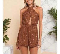 Shein Mono sin mangas con estampado de lunares de estilo bohemio para mujer, mono corto de color marrón de moda, diseño sin espalda, detalle de lazo, adecua