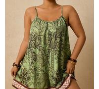 Shein Mono sin mangas con estampado tropical verde para mujer talla grande, mono corto holgado, mono romántico de principios de primavera