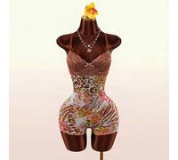 Shein Mono sin mangas con parches de encaje para mujer, mono ajustado con detalles de encaje de malla con estampado floral tropical para vacaciones, conjunt