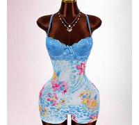 Shein Mono sin mangas con patchwork de encaje para mujer, mono ajustado con detalle de copa de encaje de malla floral tropical, atuendo de vacaciones, atuen