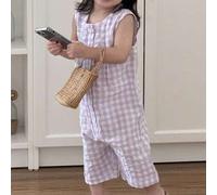 Shein Mono sin mangas de cuadros lilas y blancos para niñas pequeñas, de estilo veraniego y fantasía. Tono lavanda suave y dulce, con un estilo pastoril fre
