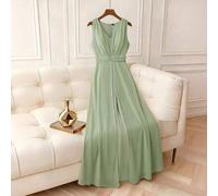 Shein Mono sin mangas de gasa con cuello en V, cintura plisada y bajo fluido, en unicolor, para mujer talla grande, elegante y casual, ideal para primavera/