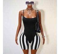 Shein Mono sin mangas informal, mono de talle alto con parches de rayas verticales blancas y negras de corte ajustado, uso diario de moda y único