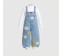 Shein Mono vaquero informal y cómodo con estampado de flores, corazones y arcoíris para niñas, conjunto de niña con girasol, azul bebé, a juego con mamá