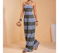 Shein Monos de verano para mujer con estampado tropical en todo el diseño, tirantes finos, sin mangas y escote de corazón