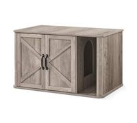 Shein Mueble Arenero, Moderno Arenero Oculto, con Entrada Frontal, Puertas Dobles, Asas, Casa para Gatos, Mesa Auxiliar, 85 x 48.5 x 50 cm, Greige Mélange