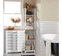 Shein Mueble de baño alto BZR43-W con 3 compartimentos abiertos y puerta con lamas, de color blanco-natural. Medidas aproximadas: 40 cm de ancho x 160 cm de