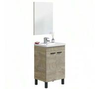 Shein Mueble de baño natural Ezio roble Alaska con espejo, 2 puertas, patas, tiradores aluminio negro mate 50x80x50 cm - Lavabo opcional - Moderno mueble la