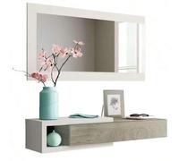 Shein Mueble recibidor Noon moderno Mueble de entrada Blanco/Cemento o Blanco/Roble con espejo cajón reversible melamina 95x19x26 cm Alto 10 cm 1 cajón Pequ