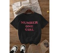 Shein Mujer hombre Camiseta sudaderas, informal de cuello redondo para mujer con estampado gráfico "Number One Girl", top de algodón de punto veraniego con