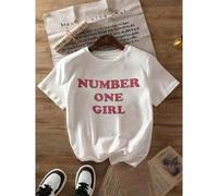 Shein Mujer hombre Camiseta sudaderas, informal de cuello redondo para mujer con estampado gráfico "Number One Girl", top de algodón de punto veraniego con