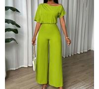 Shein Mujeres mono elegante de verano de pierna ancha suelta con cuello asimétrico y manga murciélago de unicolor