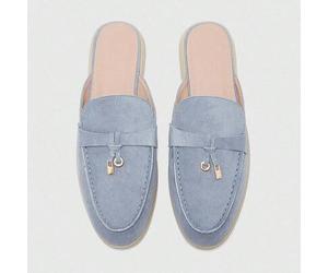 Shein Mulas de ante azul cómodas y con estilo para mujer, mocasines planos y casuales adecuados para uso al aire libre, trabajo y uso diario