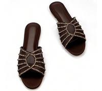 Shein Mulas planas casuales y cómodas para fiestas con decoración de malla calada con strass, punta redonda y ante marrón chocolate, para atuendos de primav