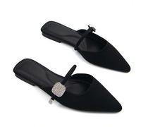 Shein Mulas planas con puntera puntiaguda y cristales de plata elegantes para mujer, de tela de ante sintético negro cómoda, adecuada para uso diario y fies