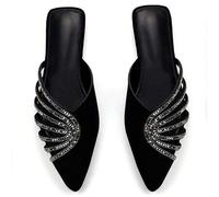 Shein Mulas planas de punta afilada de ante sintético negro con decoración de cadena de cristal hueca elegante para mujer, cómodas y de moda para uso diario
