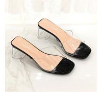 Shein Mules de tacón de bloque con tira transparente para mujer - Puntera de charol con tacón transparente, elegantes y casuales para boda y estilo bohemio