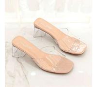 Shein Mules de tacón de bloque con tira transparente para mujer - Puntera de charol con tacón transparente, elegantes y casuales para boda y estilo bohemio