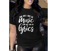 Shein Music Letter Print T-shirt, Short Sleeve Crew Neck Casual Top For Summer & Spring, Women's Clothing Tee For Adult, Men, Women, Teen, Teenager, Adolesc