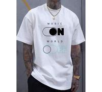 Shein MUSTKIN TEE White Ink Heat Transfer Craft Men's Loose White T-Shirt Music Opens The World T-Shirt High-Quality Pure Cotton Elastic Comfortable Stylish