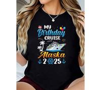 Shein My Birthday Cruise Trip 2025 Vacay Family-Shirt-% Cotton Women's Casual Short Sleeve Crew Neck-Shirt Spring &Amp; Summer. Printed Graphic Tee Sport