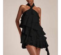 Shein Negro, Verano, Mama Mia, Noche de Club, Fiesta, Vestido Elegante con Halter, Jacquard Floral, Dobladillo Asimétrico con Volantes, Vacaciones, Banquete