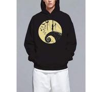 Shein Nightmare Before Christmas Jack Skellington & Sally Hooded Sweatshirt - Black Halloween Graphic Tee with Bats, Moon & Spiral Path Design, Loos