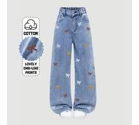 Shein (Niña preadolescente) Nuevos vaqueros casuales de moda minimalista versátiles para todas las estaciones, de color azul medio lavado, clásicos de 5 bol