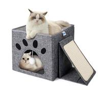 Shein Nobleza Cueva Plegable para Gatos, Casa para Gatos Interior de 2 Capas, Cubo Multifuncional para Gatos con Tabla Rascadora Extraíble y Bola, Cama para